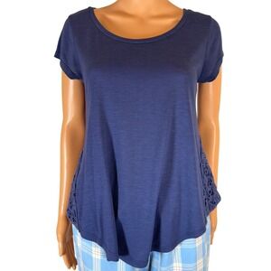 Mudd Womens Navy Blue Crochet Lace Side Panel Short Sleeve Top Size M